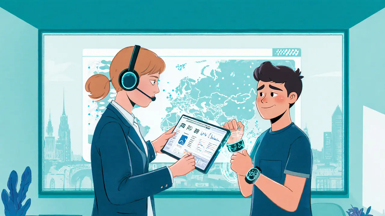 Futuristická klinika s digitálními nástroji, nositelným monitorem a genetickými vizualizacemi.