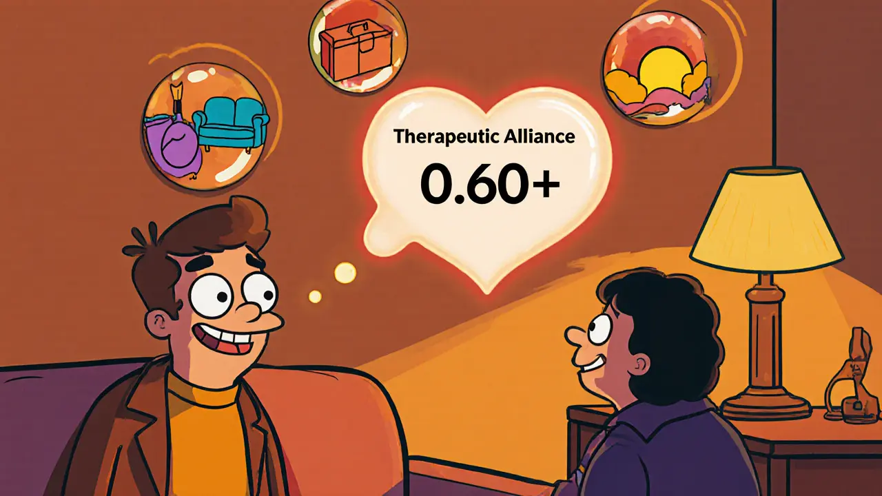 Terapeut a klient spolu v místnosti, záblesk srdce ukazuje silnou alianci.