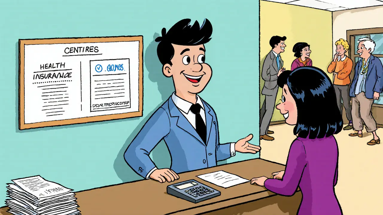 Kvalifikovaný psychoterapeut v klinice vítá klienta, v pozadí fakturace a spokojení klienti.