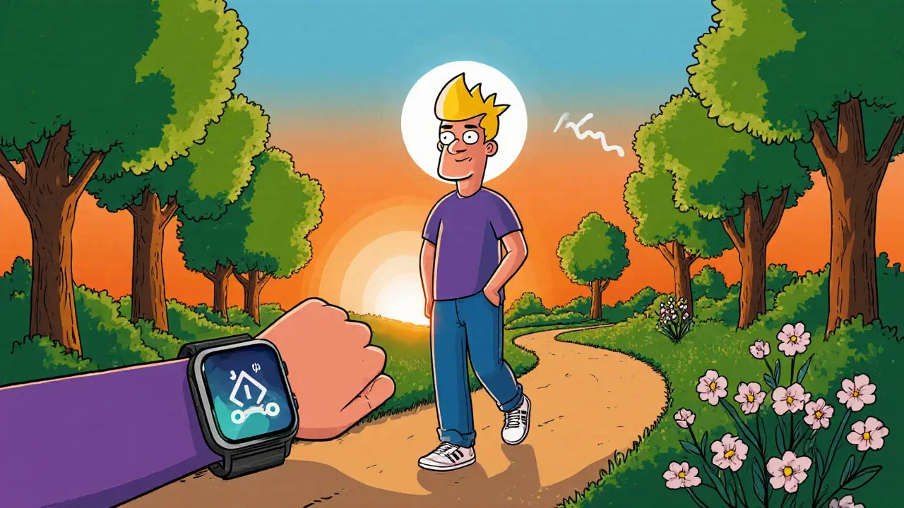 Osoba kráčející po slunečné cestě s nápomocným zařízením.