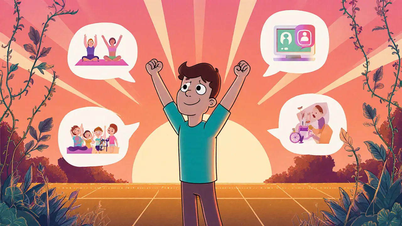 Rozšiřující se síť v zahradě, sportu a online komunitě při západu slunce.