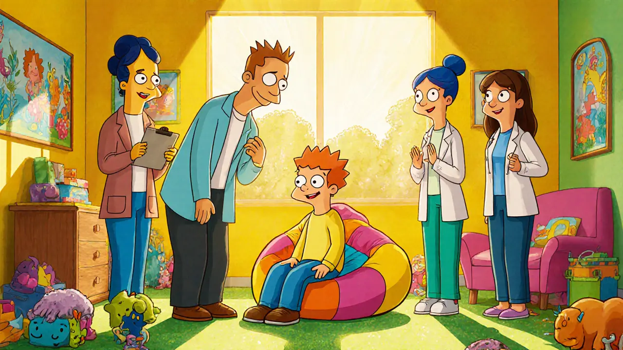 Skupina terapeutů a dítě v barevné terapeutické místnosti, působí podpůrně a optimisticky.