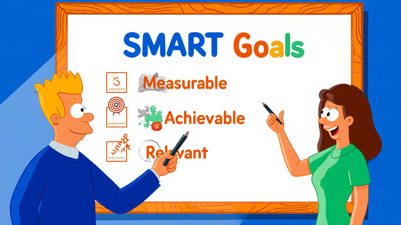 Společně tvoří SMART cíle na tabuli, ukazují konkrétní a měřitelné body.