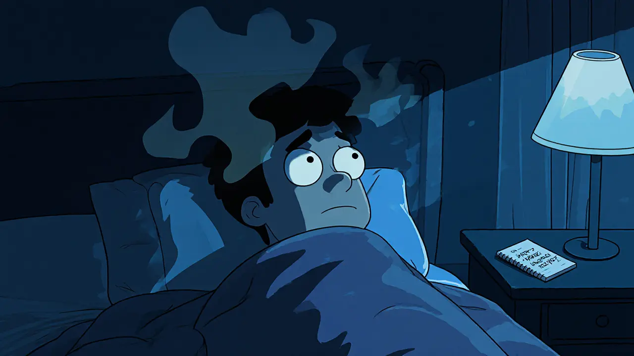 Teenager v tmavé ložnici, obklopený stíny a nočními můrami, vyjadřuje úzkost.