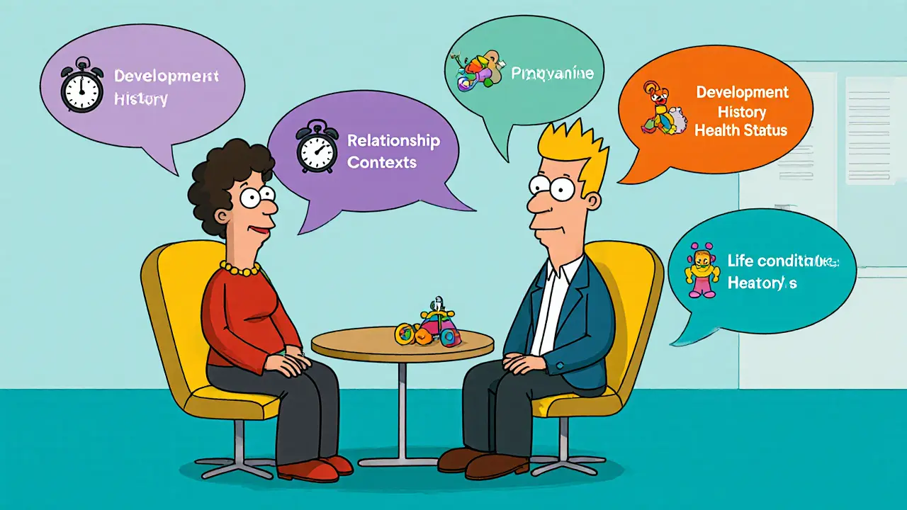 Terapeut a klient diskutují pět oblastí anamnézy, zobrazených jako bubliny.