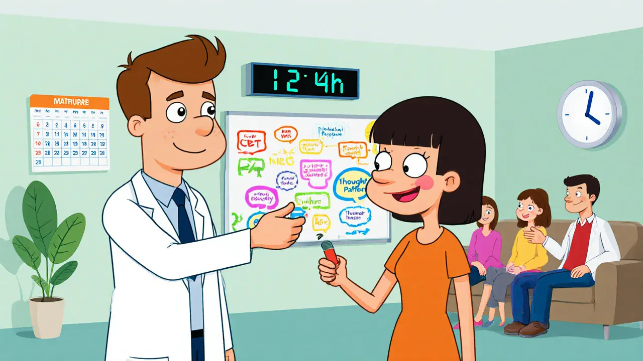 Terapeutická místnost s lékem, CBT tabulí a rodinou.