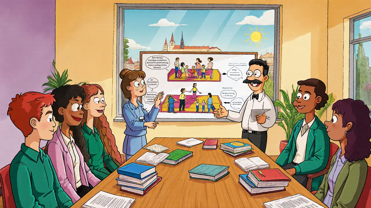 Workshop s trainee, učitelem a třemi úrovněmi psychoterapie zobrazenými jako platformy.