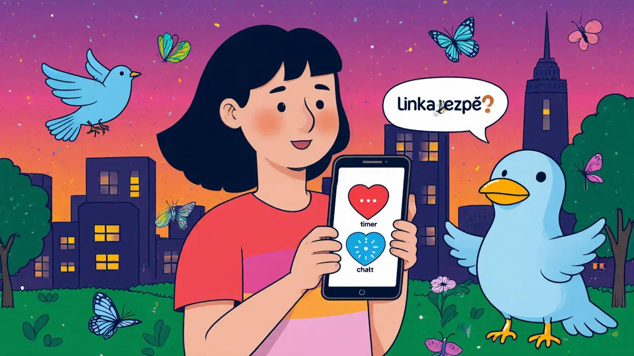 Dívka v parku používá mobilní aplikaci Linky bezpečí, kolem létají ptáci.