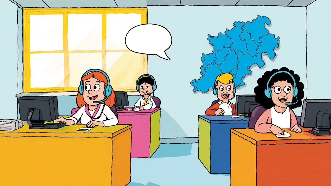 Kreslený tým psychologů v kanceláři s headsety, usmívají se a poslouchají.