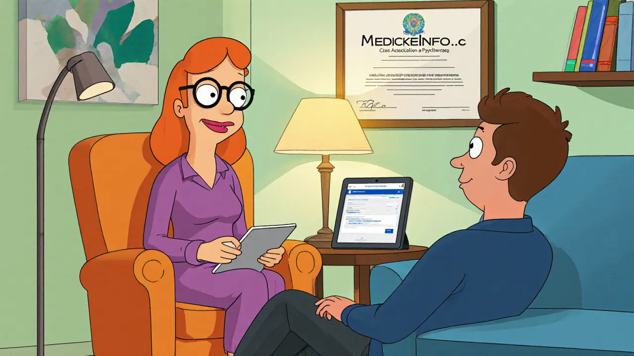 Psycholožka vede sezení s pacientem, na stole leží tablet s platformou MedickeInfo.cz.