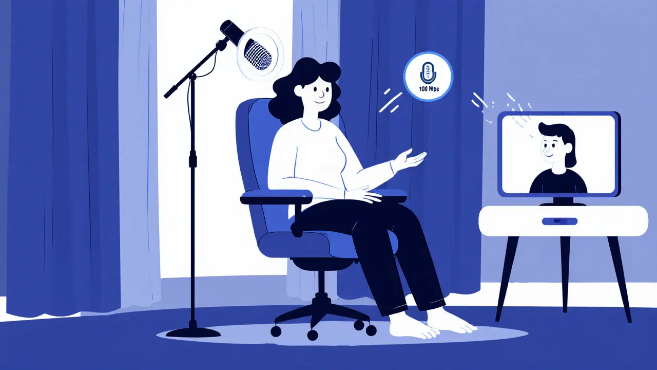 Terapeut během online terapie sedí v ergonomickém křesle, s osvětlením, mikrofonem a soukromým pozadím.