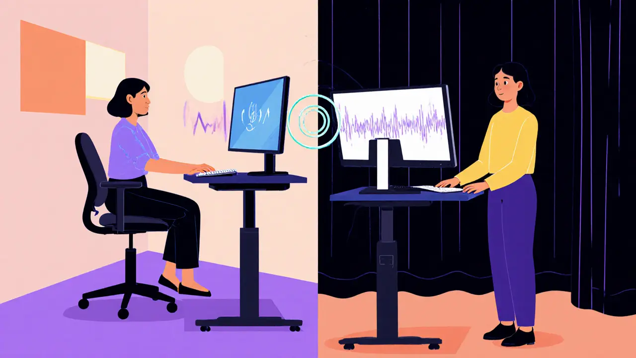 Terapeut přechází mezi sezením a stáním, ukazuje správné nastavení stolu, klávesnice a akustické panelky.