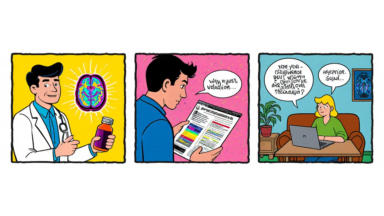 Pacient v třech panelech: u psychiatra s léky, u psychologa s testy, online u psychoterapeuta.