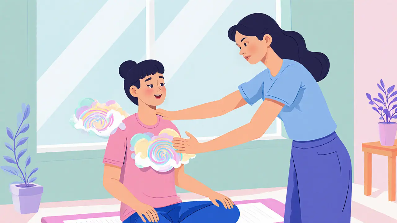 Cartoon terapeut jemně dotýká klienta, vizualizuje dýchání a probíhá konverzace v útulném studiu.