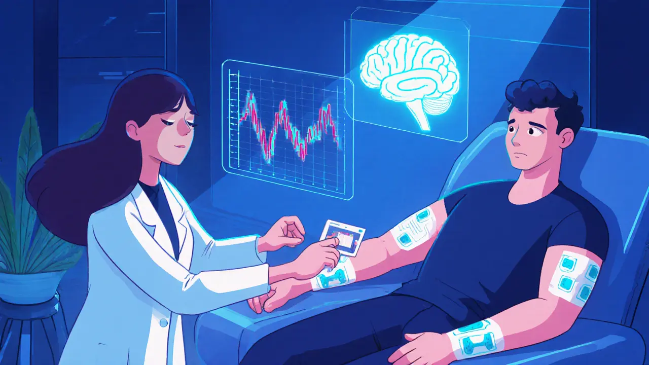 Cartoon terapeut používá senzory a hologramy k monitorování klienta během terapie.