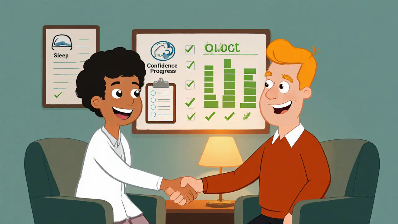 Terapeut a klient si podávají ruce v klidné kanceláři s grafem cílů.