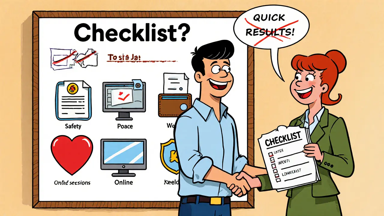 Kontrolní seznam a šťastný klient s terapeutem, ukazují výběr v Hanna‑Barbera ilustraci.