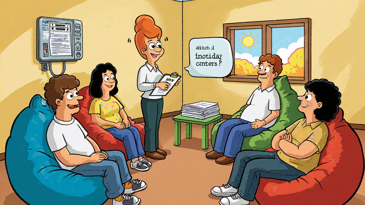 Skupinová terapie v kresleném interiéru s terapeutem, pacienty a monitorujícím zařízením.