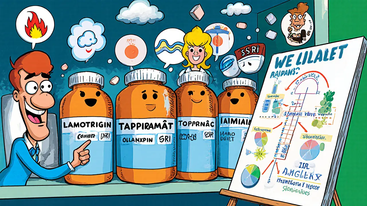 Polička s animovanými lahvičkami léků a ikony symbolizující symptomy a vedlejší účinky.