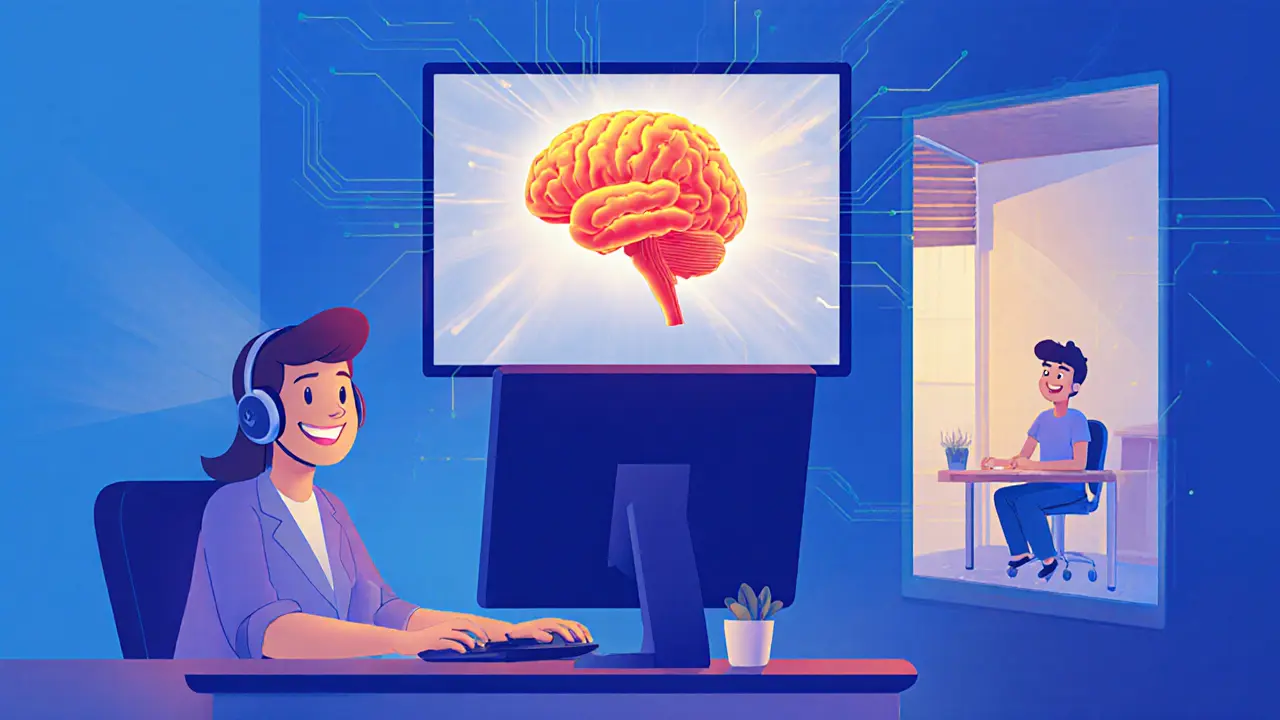 Teleterapie: terapeut na obrazovce, klient doma, a zářící fMRI mozek symbolizující emocionální spojení.