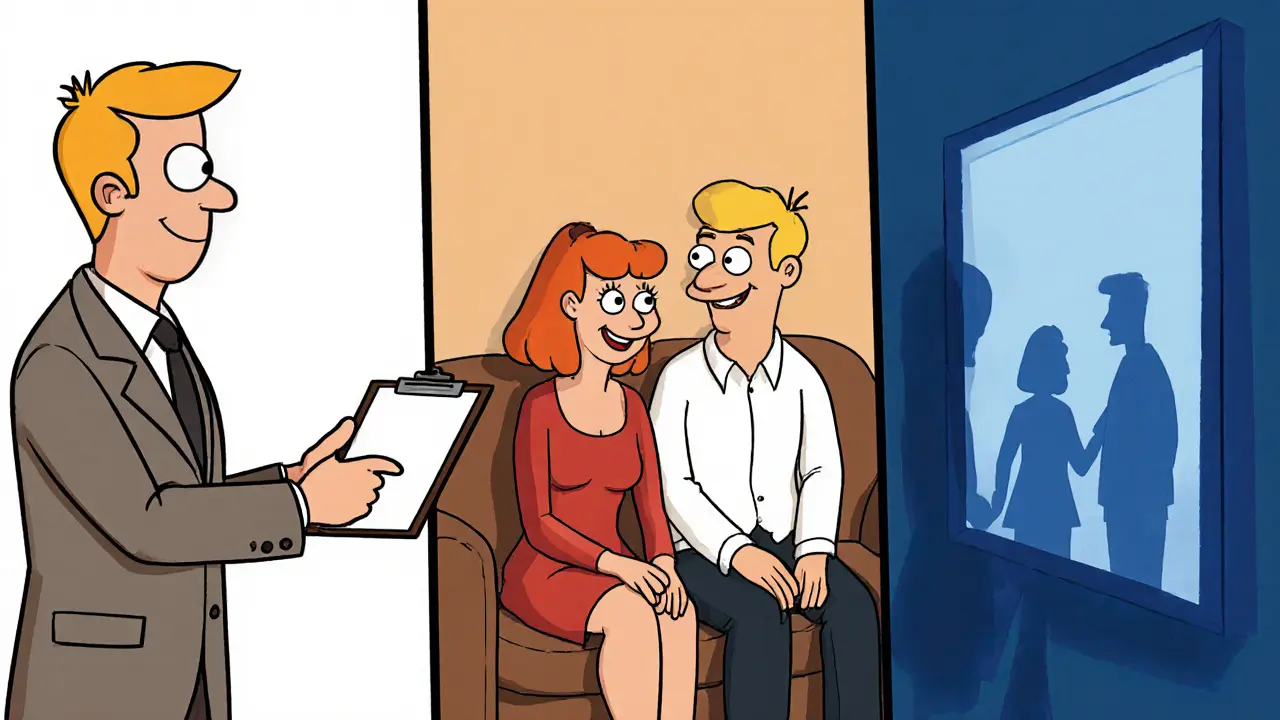 Tři panely ukazují dohodu, empatické rozhovory a symbol přenosu mezi terapeutem a klientem.