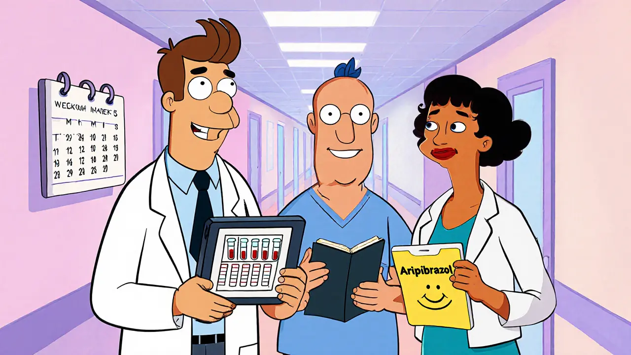 Tým péče – psychiatr, terapeut a pacient – kontrolují testy a plánují léčbu.