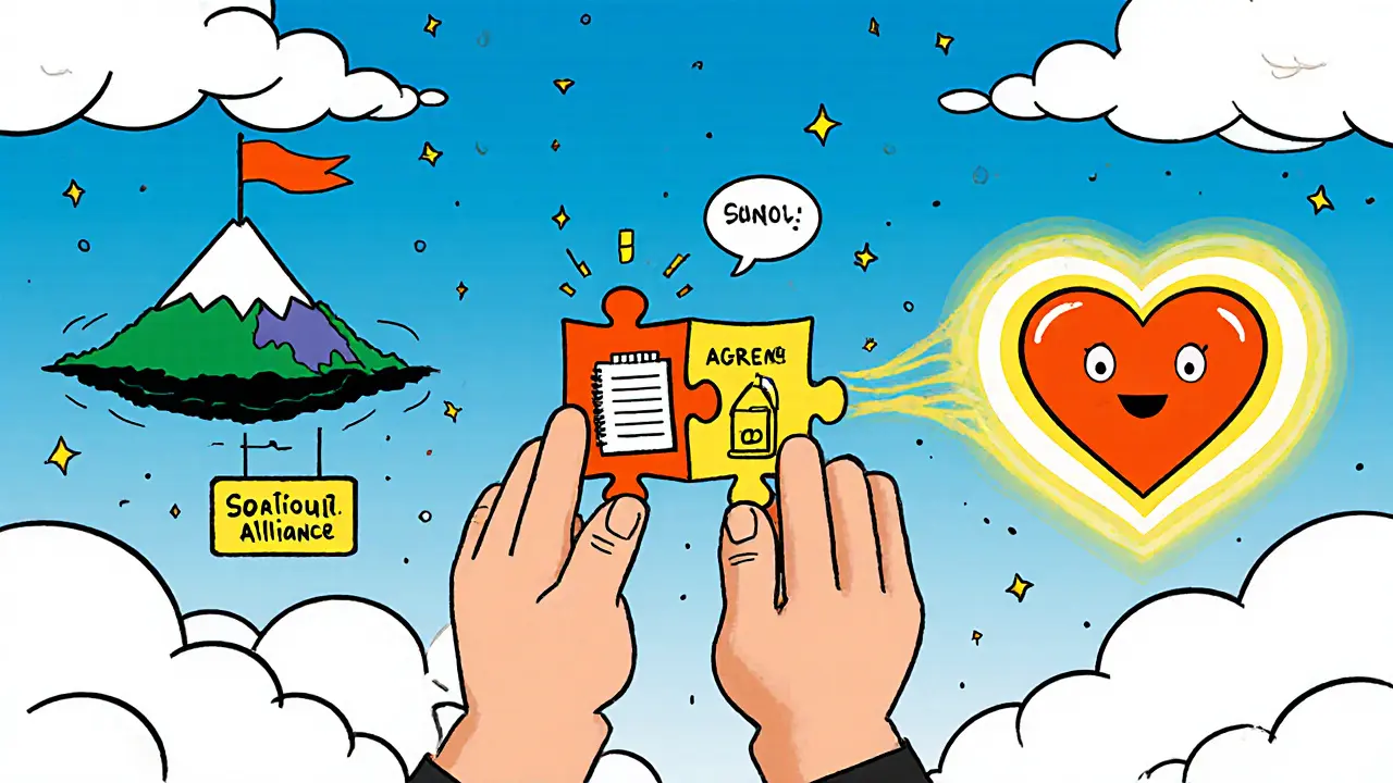 Ilustrace tří složek aliance: cíl jako hora, úkoly jako puzzle a emocionální spojení jako srdce.