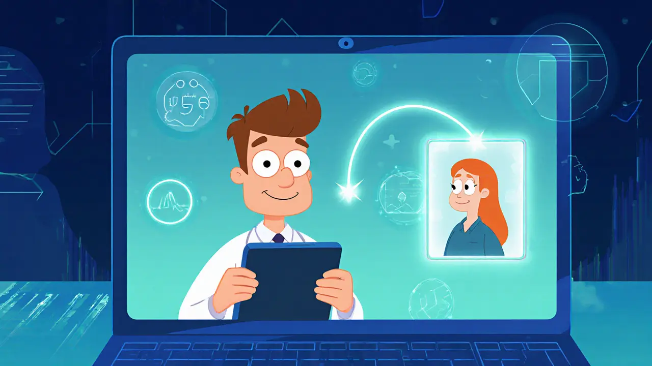 Online terapie v kresleném stylu, kde terapeut a klient komunikují přes videohovor s digitálními vizuály.