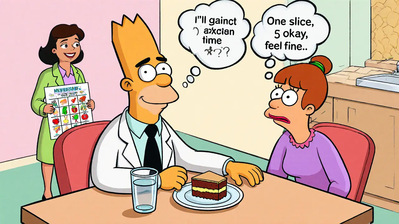 Terapeut, pacient a nutriční poradce při experimentu s jídlem a změnou myšlenek.