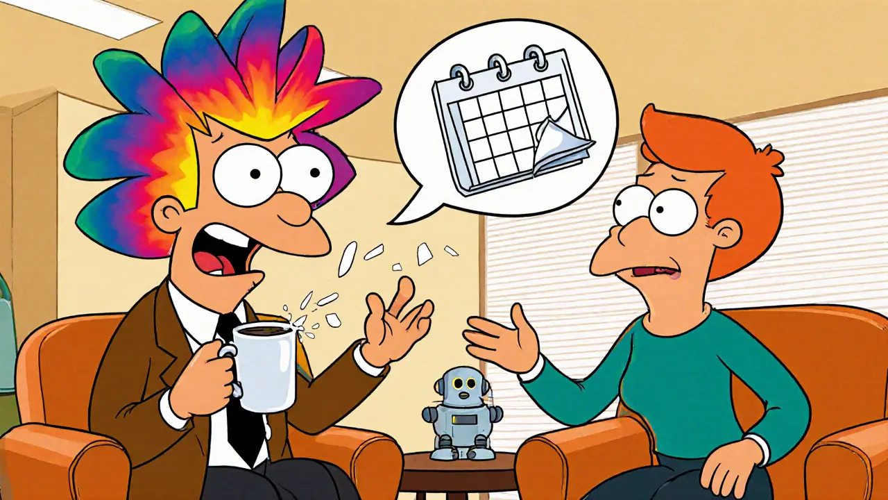 Dva postavy – impulzivní a závislá – komunikují v kancelářské místnosti, ukazující rozdílné typy poruch osobnosti.