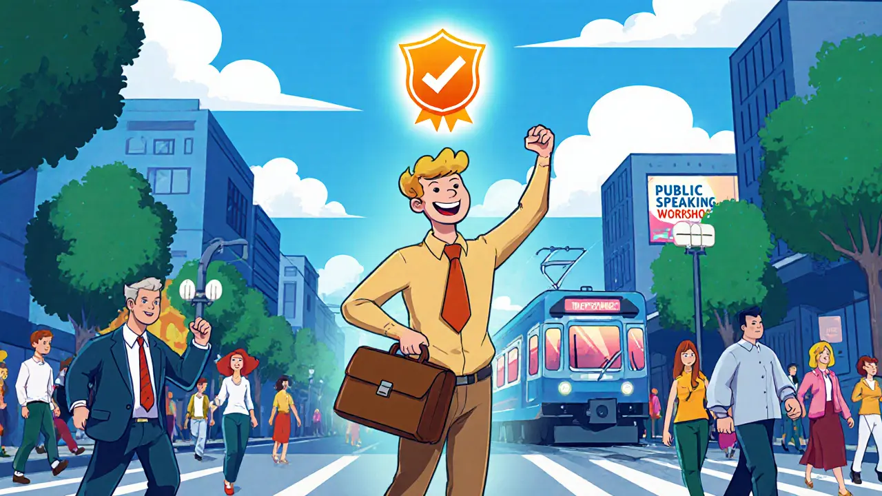 Klient po terapii sebejistě kráčí po rušné ulici s úsměvem a štítem úspěchu.