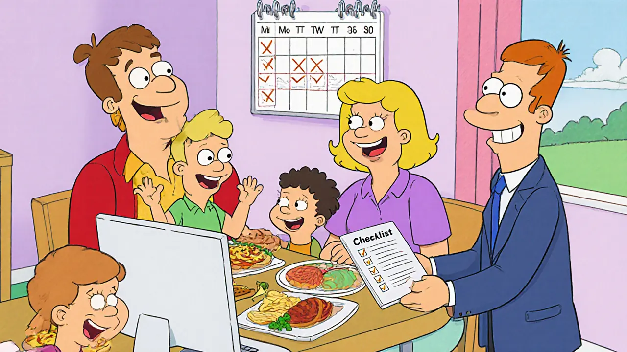 Rodina slaví úspěšnou terapii u večeře, terapeut předává kontrolní seznam a pojistní kartu.