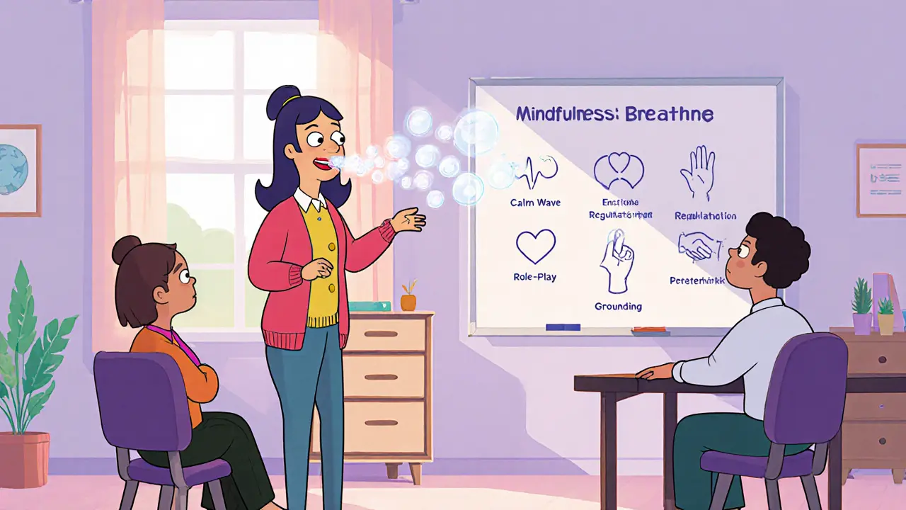 Terapeut vede skupinu cvičením vnímavosti a role‑play v přátelské terapeutické místnosti.