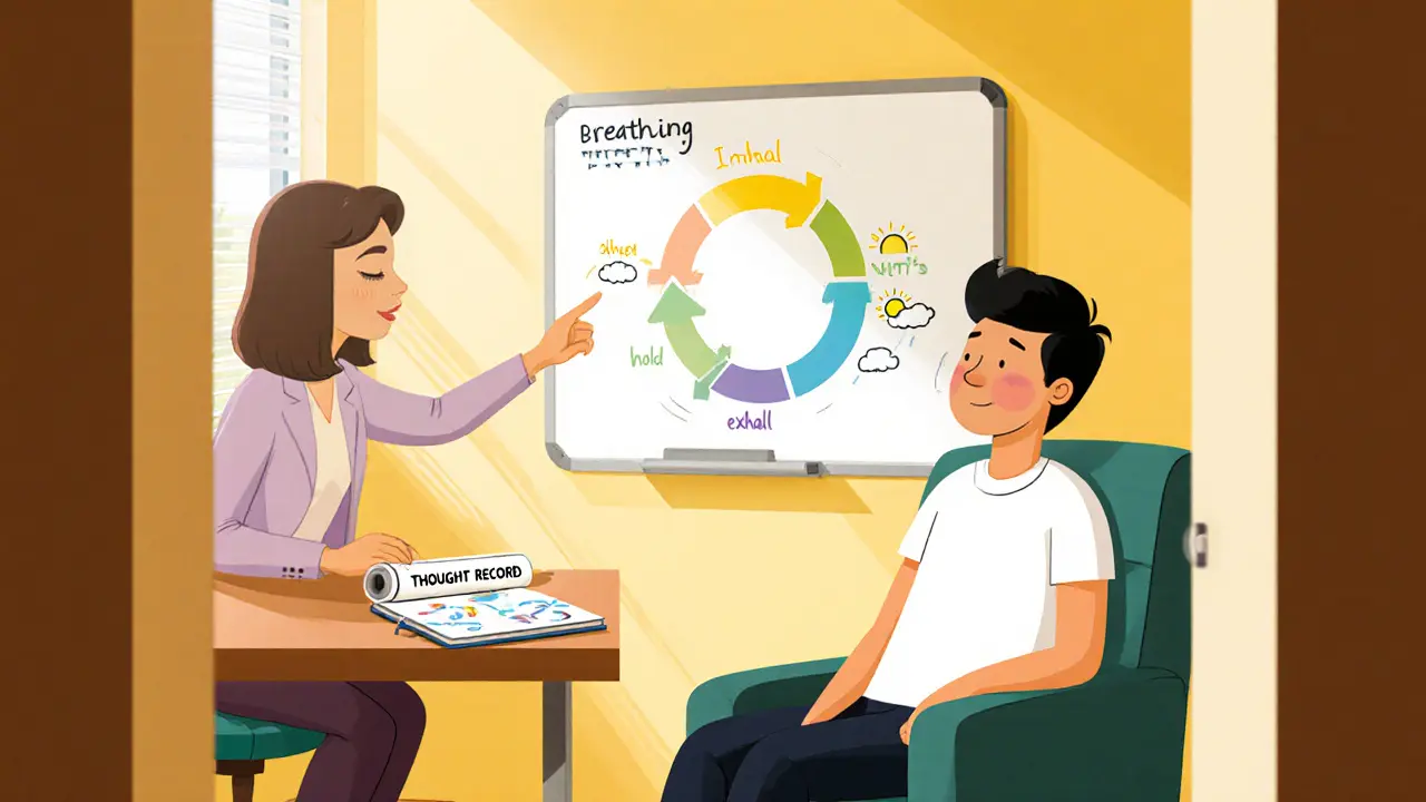 Terapeut vysvětluje techniku dýchání 4‑7‑8 a klient cvičí v útulné kanceláři.