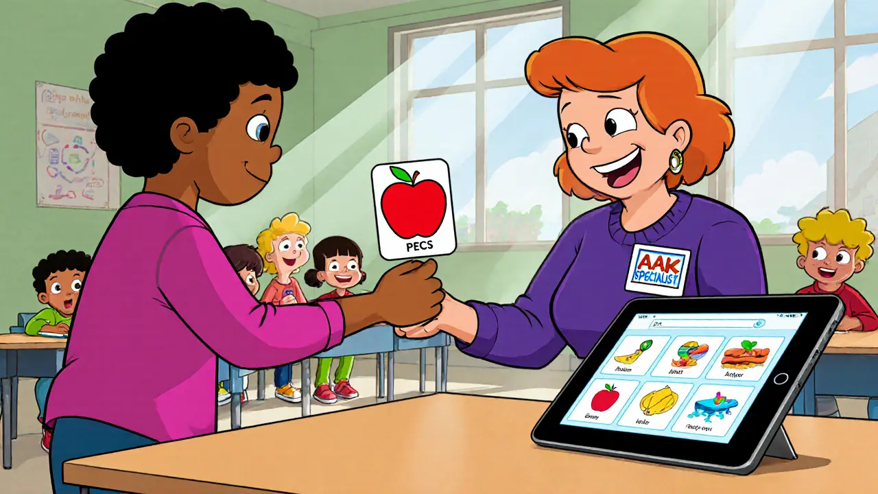 Dítě používá PECS karty a tablet v barevné třídě.