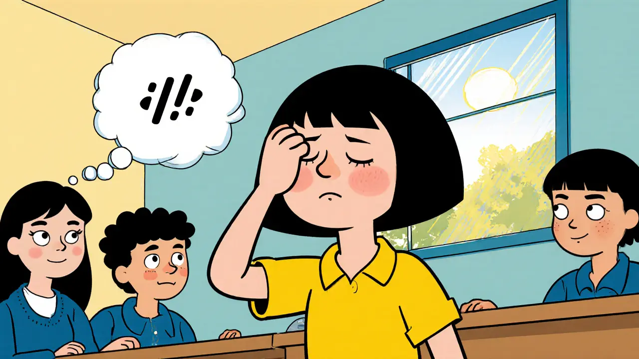 Pacient provádí pomalé zavření očí jako protipohyb, vedle něj bublina s rychlým mrknutím, kreslené.