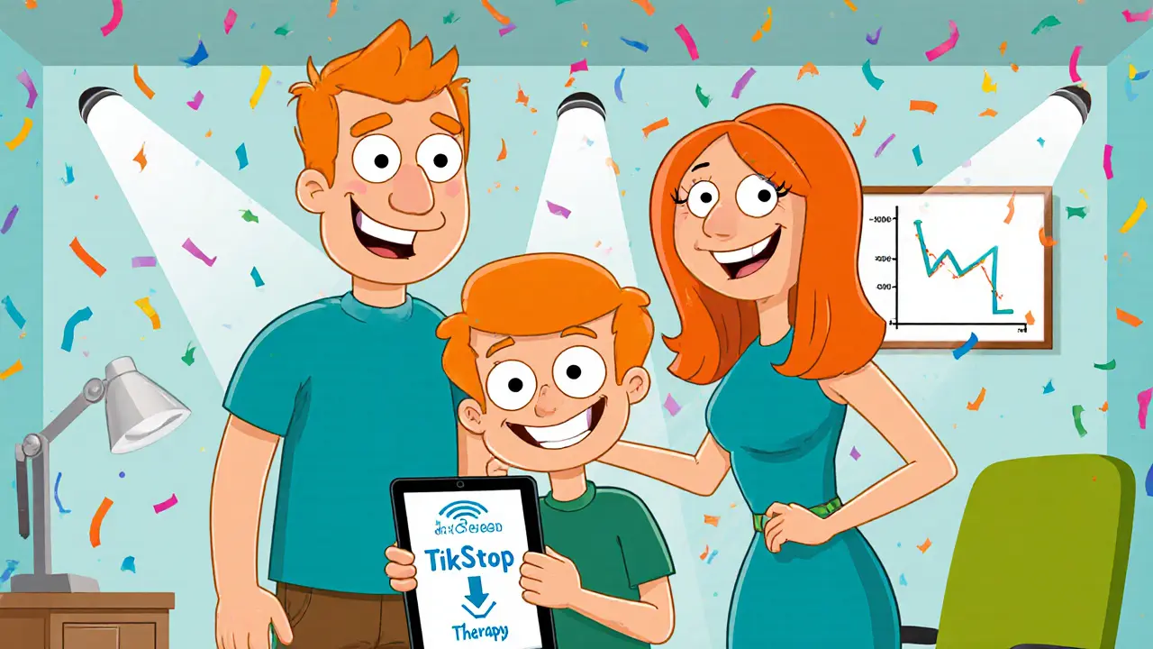 Rodina a terapeut slaví úspěch HRT, na tabletu aplikace TikStop, veselý kreslený styl.