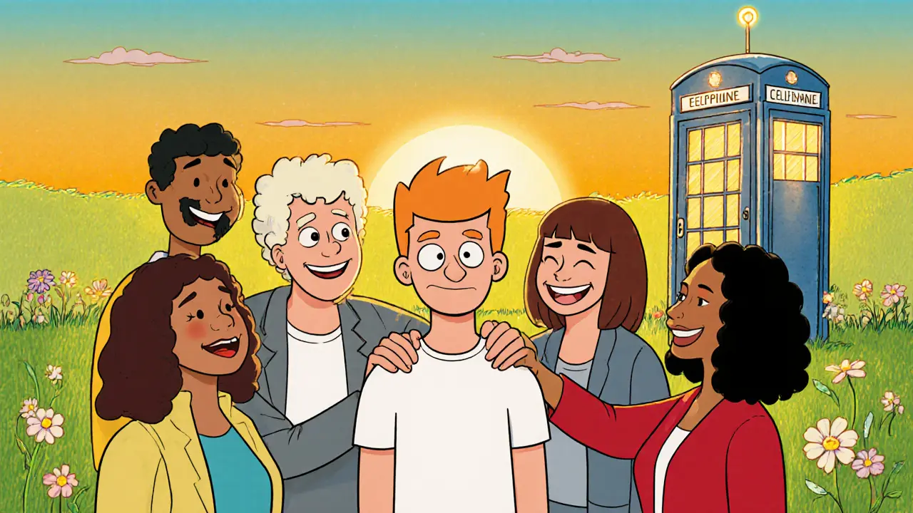 Skupina přátel podporuje osobu v parku, s telefonní budkou naznačující krizovou linku.