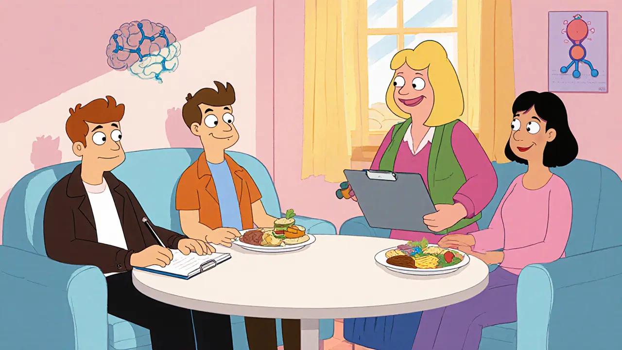 Skupinová terapie s různými postavami u stolu, teplé osvětlení.