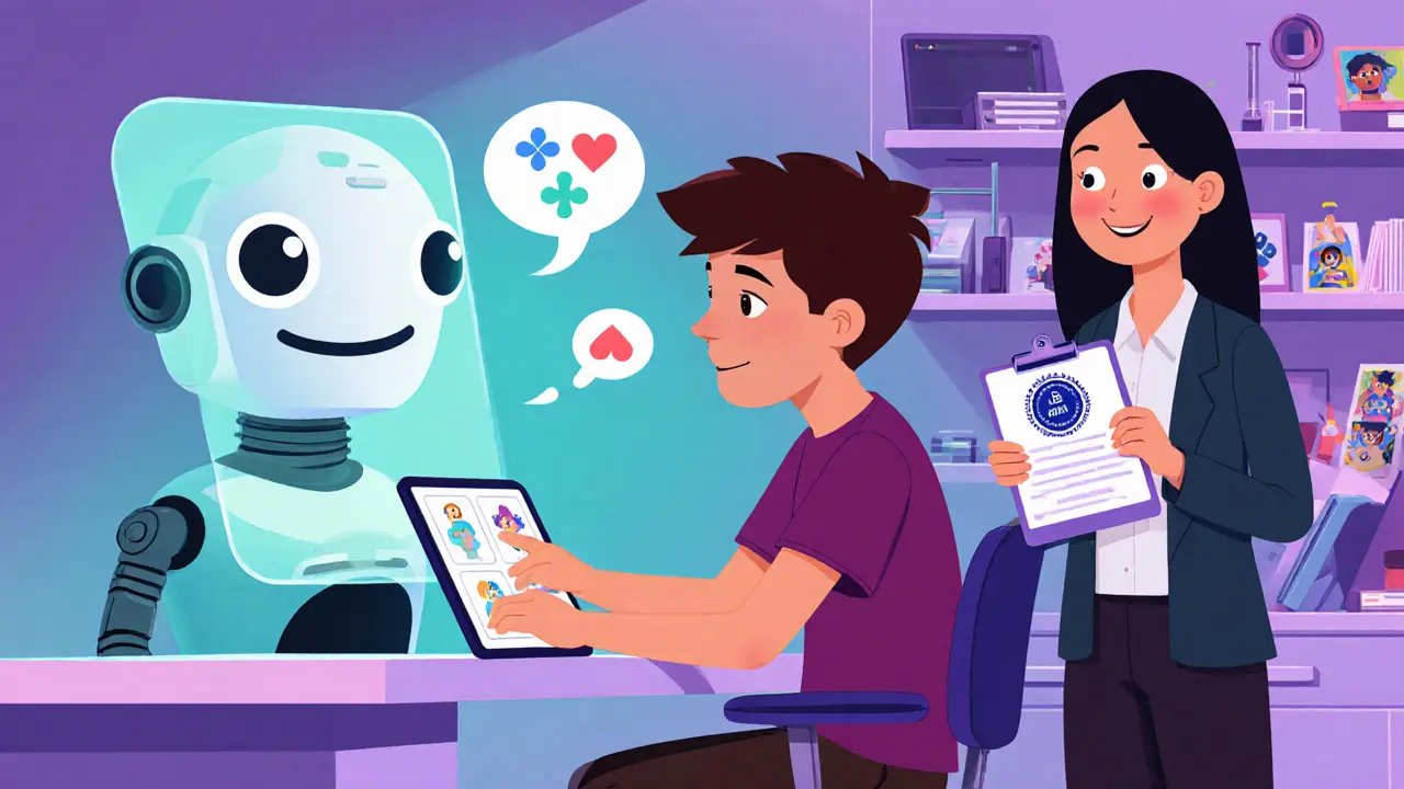 Teenager používá AI komunikátor na tabletu v moderním laboratoři.