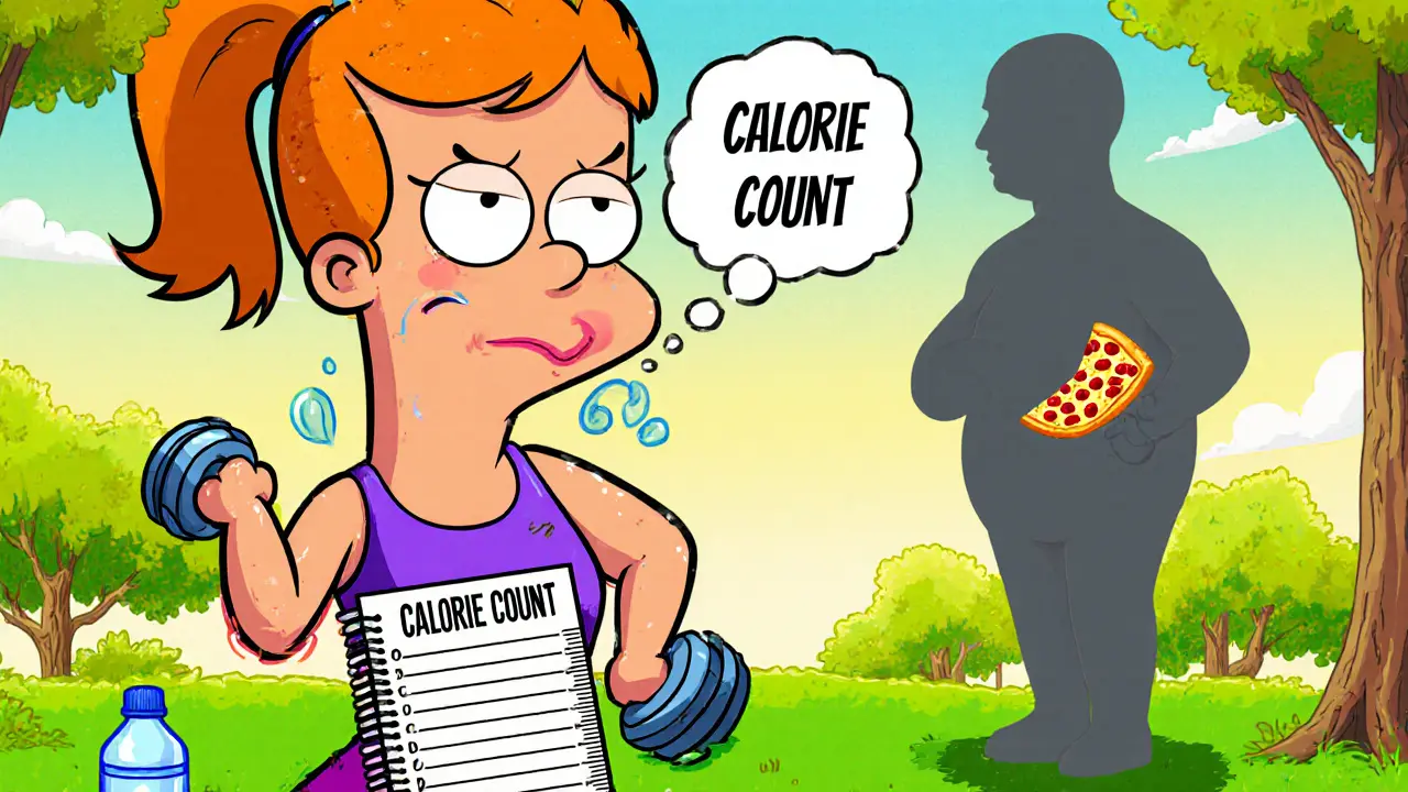 Teenagerka v parku s výčtem kalorií a stínovou postavou s pizzou.