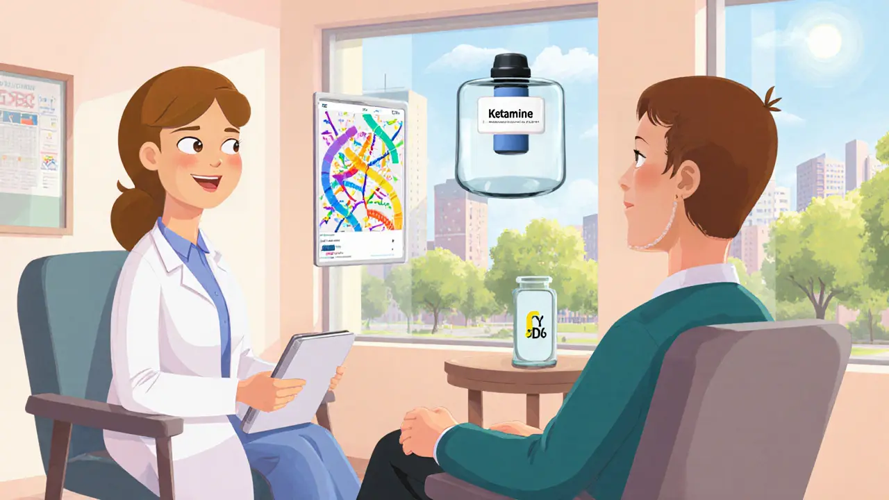 Terapeut a pacient v moderní české klinice, vedle ketaminové láhve a DNA testu.