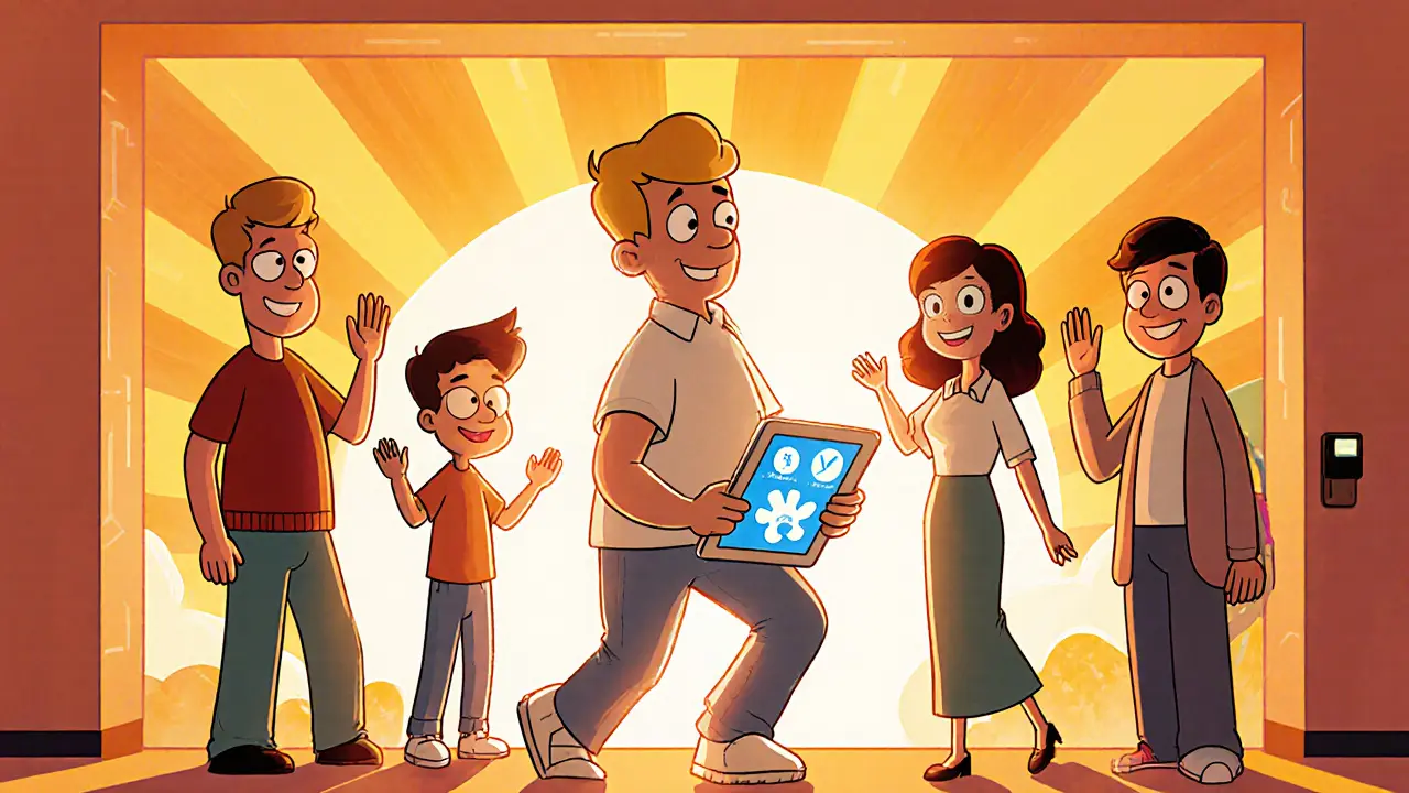 Bývalý pacient vychází do východu slunce s tabletou a podporou rodiny a terapeuta.