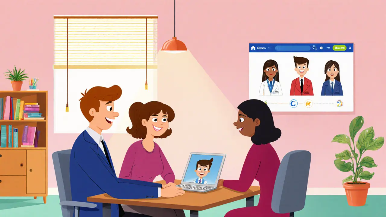 Dva terapeuti a pár v kanceláři, vedle toho videohovor s dalším terapeutem.