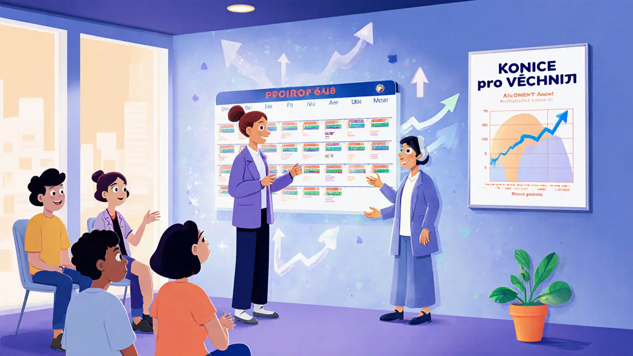 Klient s terapeutem v klinice, AI hologram ukazuje plán a pokrok.