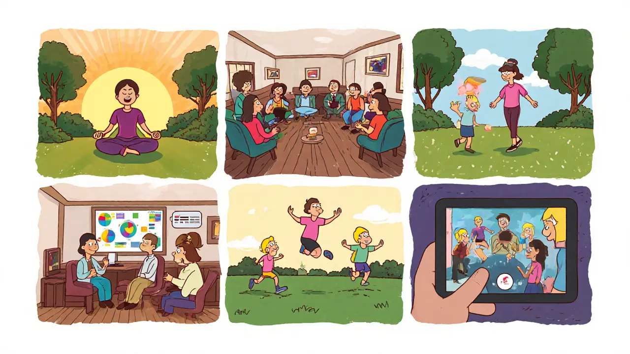 Kreslený kolážový den v léčebně: meditace, terapie, skupinová sezení, sport a video hovor.