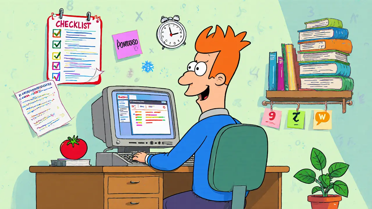 Osoba u počítače cvičí na platformách, obklopena kontrolními seznamy a sticky notes.