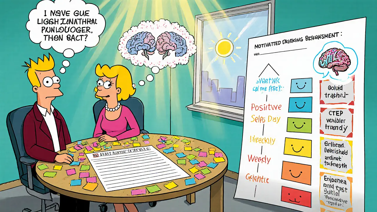 Terapeut a klient diskutují plán snížení pití s myšlenkovými bublinami.