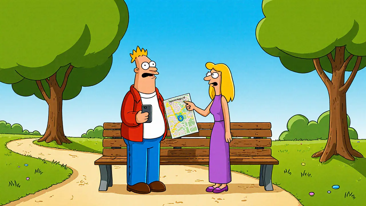 Na lavičce v parku přátelé diskutují, jeden ukazuje plán návštěvy terapeuta.