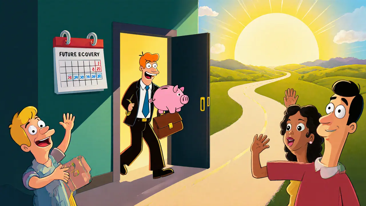 Osoba odchází z temného prostoru do slunečného prostředí s přáteli.